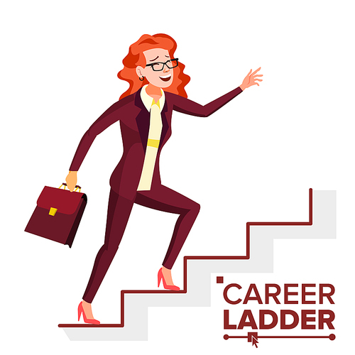 Business Woman Climbing Career Ladder Vector. Fast Growth. Stairs. Job Success Concept. Step By Step. Cartoon Illustration