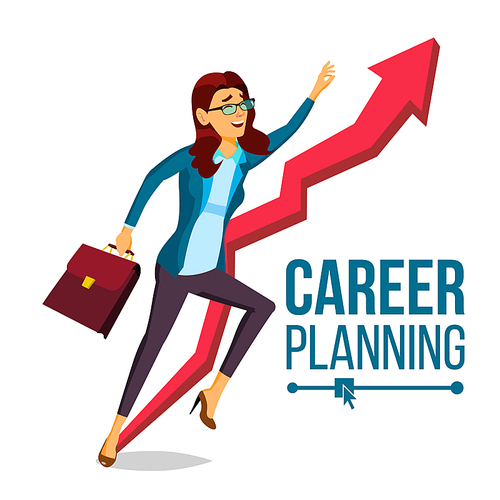 Business Woman Career Planning Vector. Fast Career Growth. Achieve Goal. Huge Red Arrow. More Profit. Cartoon Illustration