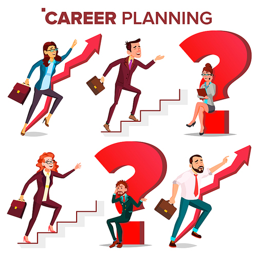 Career Planning Vector. HR Concept. Find New Job. Huge Red Question Mark. Fast Career Growth. Job Success Concept. Stairs. Step By Step. Business Woman, Businessman. Achieve. Cartoon Illustration