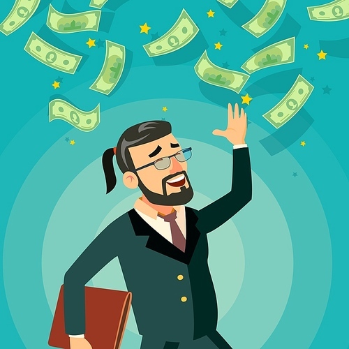 Happy Businessman Vector. Falling Money. Cash Rain. Flat Cartoon Character Illustration