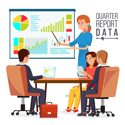 Corporate Business Meeting Vector. Woman Manager Explaining Quarter Report Data. Teamwork. Chatting In Conference Room.