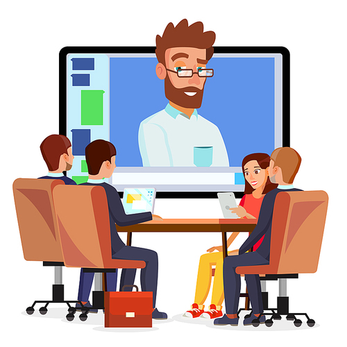 Online Video Conference Vector. Man And Chat. Director Communicates With Staff. Webinar. Business Meeting, Consultation, Seminar, Online Training Concept. Flat Cartoon