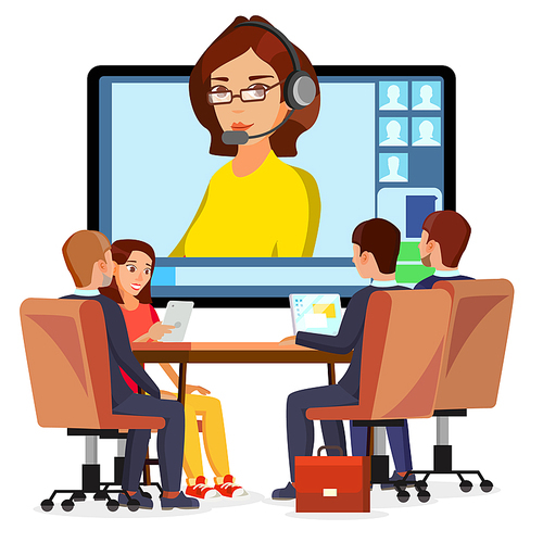 Video Meeting Online Vector. Woman And Chat. Ceo And Employees. Business Meeting, Consultation, Conference Office, Seminar, Online Training Concept. Flat Cartoon