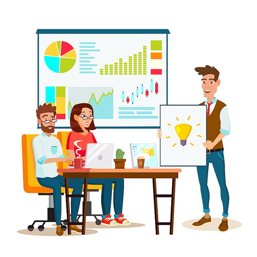 Team Work Brainstorming Vector. Presentation Of The Project. Innovation Idea Discussion People. Designer, Programmer. Global Planning. Flat Isolated Cartoon Illustration