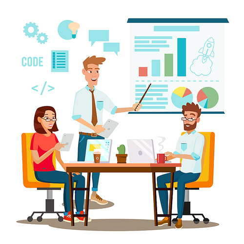 Brainstorming Process Vector. Teamwork Staff Around Table. Creative Team Idea. Group Of Businessmen Meeting. Marketing Research. Flat Isolated Cartoon Illustration