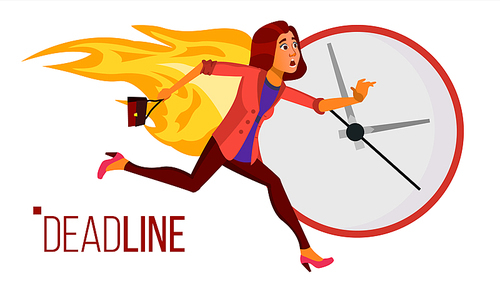 Deadline Concept Vector. Lack Of Time. Mess And Deadline Tasks. Stress In Office. Running Business Woman On Fire. Workers Hurry Up With Job. Illustration