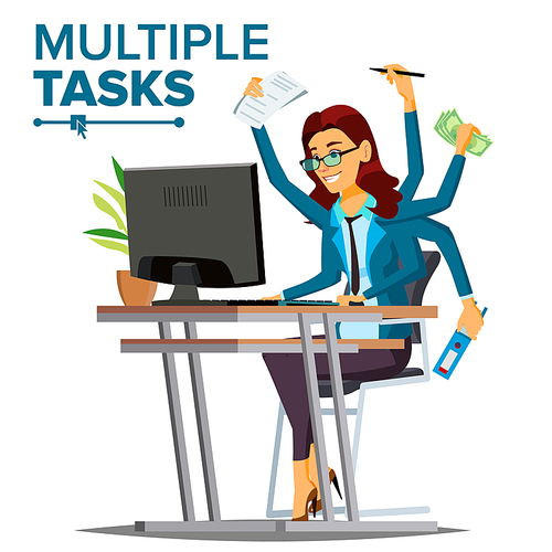 Multiple Tasks Business Woman Vector. Many Hands Doing Tasks. Professional Occupation. Flat Cartoon Illustration