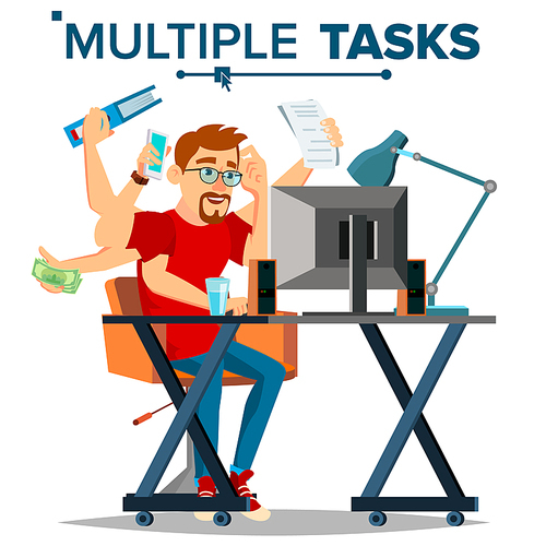 Multiple Tasks Businessman Vector. Many Hands. Efficiency And Productivity. Plodding Worker. Flat Cartoon Illustration