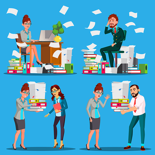 Business People Doing Paperwork Vector. Office Workers. Very Busy Day. To Excessive Work. Accounting Bureaucracy. Disorganized Manager. Documentation. Stress. Overworked. Illustration
