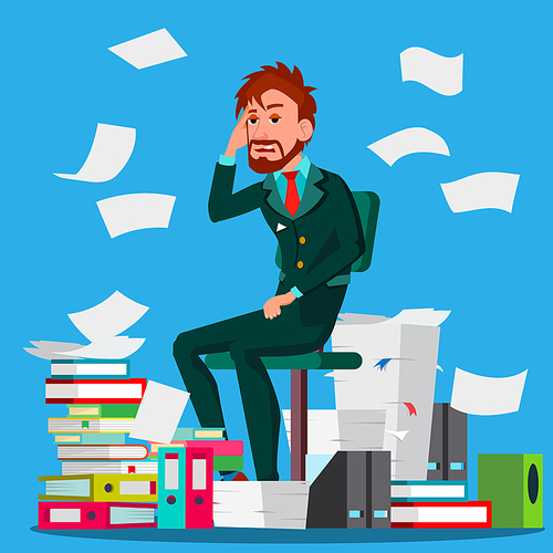 Businessman Doing Paperwork Vector. Office Worker. Emotional Stress. Large Stacks Of Folders. Cluttered Documentation. Cartoon Illustration