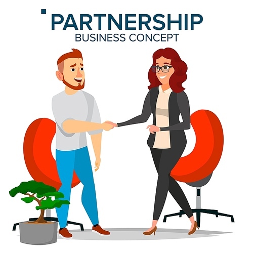 Business Partnership Concept Vector. Business Man And Business Woman. Greeting Shake. Company Cooperation Concept. Isolated Flat Illustration