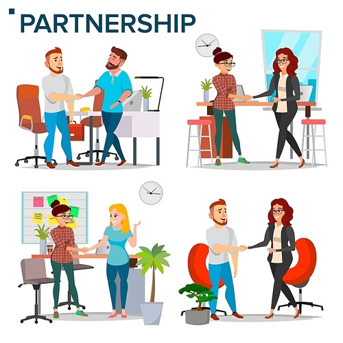 Business Partnership Set Vector. Business Man And Business Woman. Casual Handshaking. Business Connection. Isolated Flat Illustration