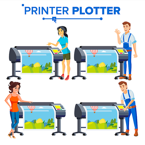 Workers With Plotter Set Vector. Woman, Man. Prints Beautiful Picture, Banner. Print Service. Large Format Multifunction Printer. Polygraphy. Full Color, Laser Printer Printshop Illustration