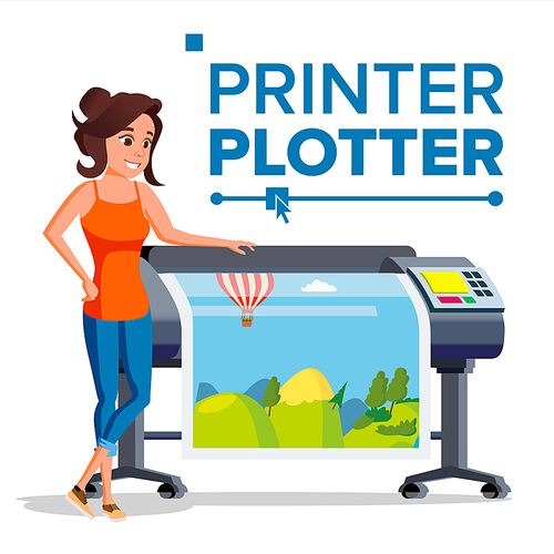 Worker With Plotter Vector. Woman. Full Color Latex, Laser Printer. Printshop Service. Isolated Flat Cartoon Illustration