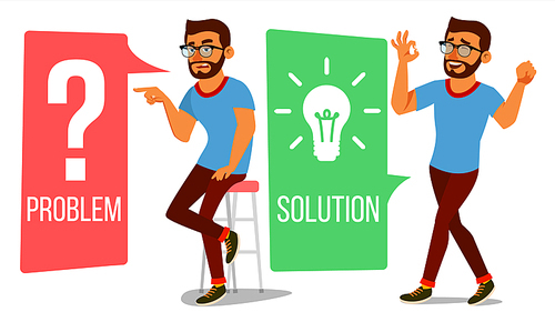 Problem Concept Vector. Thinking Man. Problem Solving. Question Mark, Light Bulb. Creative Project Idea. Issue, Trouble. Isolated Flat Cartoon Illustration
