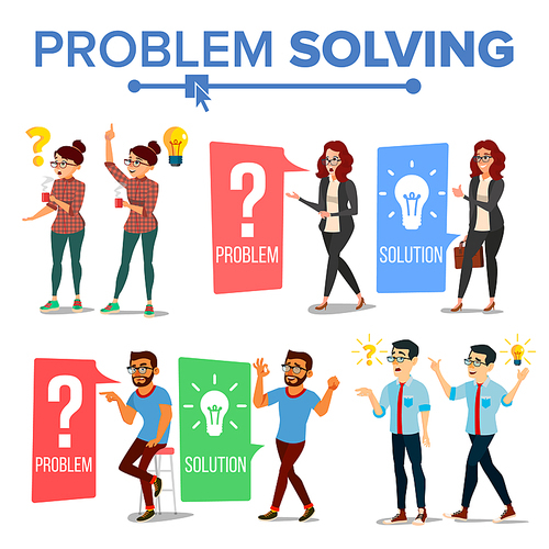 Problem Solving Concept Vector. Thinking Man And Woman. Question Mark, Light Bulb. Creative Project Idea. Issue, Trouble. Solution, Secret Discovery. Career Success. Illustration