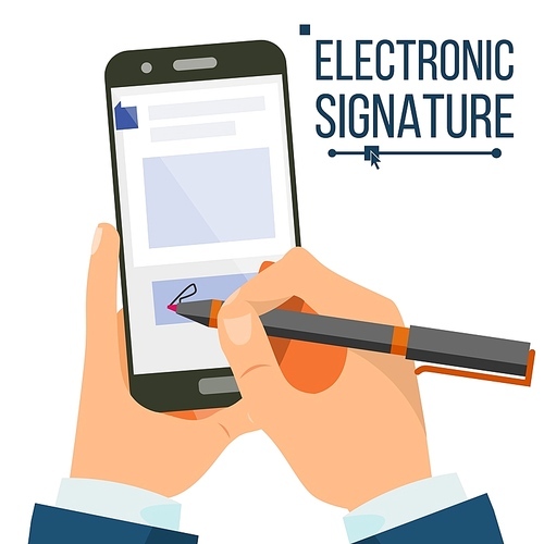 Electronic Signature Smartphone Vector. Businessman Hands. Digital Sign. Business Agreement. Electronic Document. Isolated Illustration