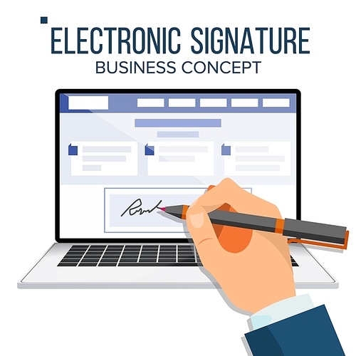 Electronic Signature Laptop Vector. Financial Business Agreement. Web Contract. Online Document. Isolated Illustration