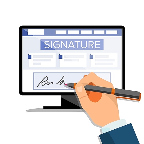 Electronic Signature Vector. Finance Digital Document. Electronic Contract. Computer. Businessman Hands. Isolated Illustration