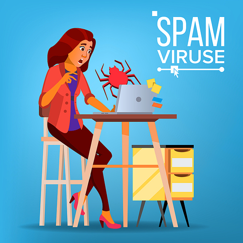Spam Virus Concept Vector. Woman. Internet Technology. Online Mail Attack. Hack Information. Web Crime. Danger E-mail. Fraud Protect. Flat Cartoon Illustration