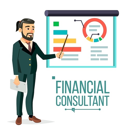Financial Consultant Vector. Businessman With Blackboard. Professional Support. Research Graphs Market. Business Management. Diagrams, Charts Financial Reports. Isolated Character Illustration