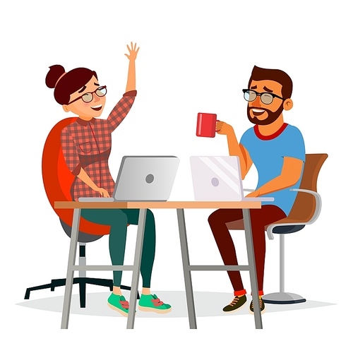 Business People Sitting At The Table Vector. Laughing Friends, Office Colleagues Man And Woman Talking To Each Other. Business Team. Isolated Cartoon Character Illustration