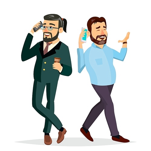 Business Men Talking To Each Other On The Phone Vector. Office Friends, Colleagues. Boss, CEO. Communicating Male. Isolated Cartoon Character Illustration