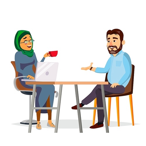Business People Sitting At The Table Vector. Modern Office. Laughing Friends, Office Colleagues Bearded Man And Muslim Woman Talking To Each Other. Isolated Cartoon Character Illustration
