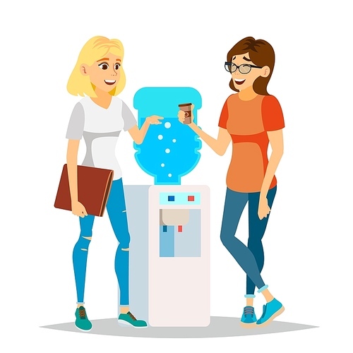 Water Cooler Gossip Vector. Modern Office Water Cooler. Laughing Friends, Office Colleagues Women Talking To Each Other. Communicating Female. Business Person. Women Discussion. Illustration