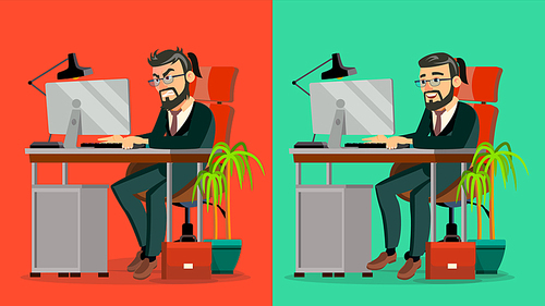 Stressed Out Boss Vector. Bearded CEO Working At Office. Stressful Work, Job. Tired Businessman. Person. Hard Career. IT Startup Business Company. Cartoon Character Illustration