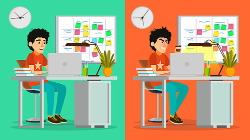 Stressed Out Man Vector. Young Coder Working At Office. Stressful Work, Job. Tired Junior Programmer. Person. Hard Career. Company Employee. Software Development. Cartoon Character Illustration