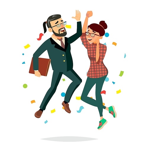 Business Couple Jumping Vector. Man And Woman. Entrepreneurship, Accomplishment. Best Worker, Achiever. Modern Office Employee, Manager Celebrating Success. Isolated Cartoon Character Illustration
