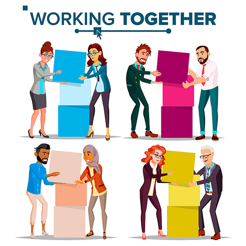 Working Together Concept Vector. Communication, Cooperation. Businessman And Business Woman. Teamwork. Successful Collective. Busy Day. Co-workers. Business People. Cartoon Illustration