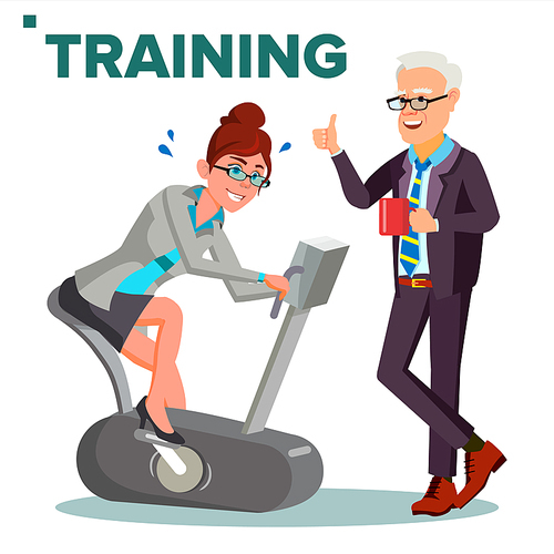 Business Training Concept Vector. Business Woman Running On Exercise Bike. Office Worker. Team Leader. Teacher Giving Lecture. Reporting, Training Staff. Illustration