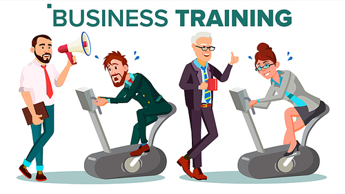 Business People Training Concept Vector. Businessman, Woman Running On Exercise Bike. Office Worker. Hard Working. Teacher Shows Way. Suit. Seminar. Reporting, Training Staff. Illustration