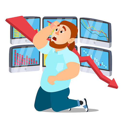 Sad Shocked Businessman Vector. Losing Money. Graph Going Down. Male Standing On His Knees. Isolated Flat Cartoon Character Illustration