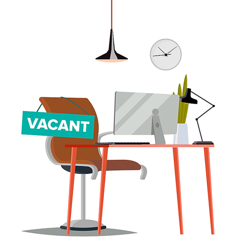 Vacancy Concept Vector. Office Chair. Vacancy Sign. Modern Workplace For Employee. Table With Office Items. Found Right Resume. Seat For Employee. Flat Isolated Illustration