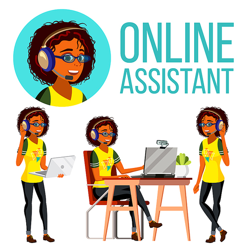 Online Assistant African Woman Vector. Headphone, Headset. Call Center. Technical Support Illustration