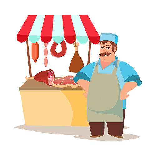 Butcher Character Vector. Classic Professional Butcher Man With Knife. For Steak, Meat Market, Storeroom Advertising Concept. Cartoon Isolated Illustration.