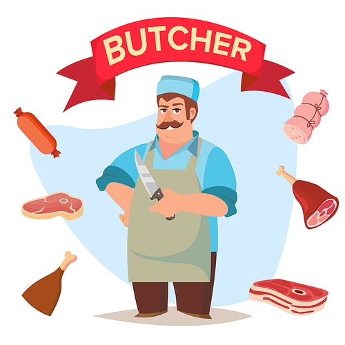 classic butcher vector. professional butcher man with meat cleaver. for meat market advertising concept.  farm organic market meat. cartoon isolated illustration.