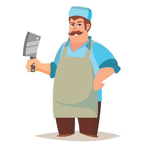 professional butcher vector. classic butcher man with knife.  farm organic market. for storeroom advertising. cartoon isolated illustration.