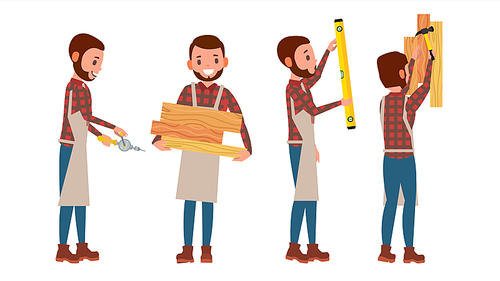 Carpenter Vector. Worker. Different Poses. Full Length Flat Cartoon Illustration