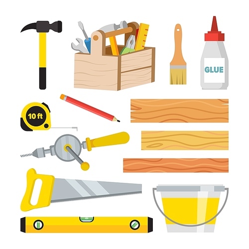 Carpentry And Woodwork Tools Set Vector. Repair And Building Accessories. Board, Hammer, Toolbox, Brush, Glue, Pencil, Tape Measure, Saw Ruler Bucket Drill Isolated Illustration