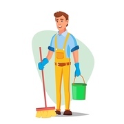 Professional Office Cleaner Vector. Janitor With Cleaning Equipment. Flat Cartoon Illustration