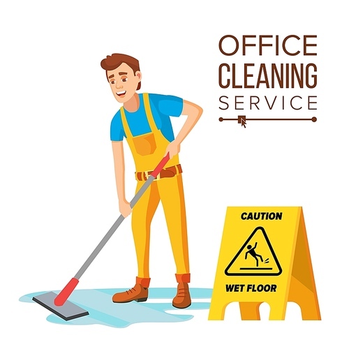 Office Cleaner Vector. Work Wiping, Dusting, Vacuuming Floor Carpets. Sanitation And Cleaner Washing. Isolated Flat Cartoon Character Illustration