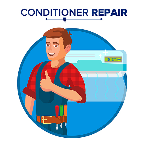 Professional Air Conditioner Repair Vector. Man Electrician Installing Air Conditioner. Flat Cartoon Illustration