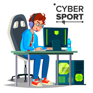 Cyber Sport Player Vector. Professional Gaming Stream Banner. Strategy Video Game. Competition. Cyber Games Tournament. Cartoon Character Illustration