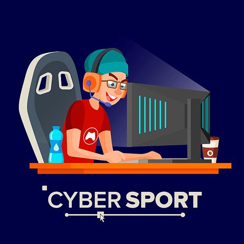 Cyber Sport Player Vector. Participant Of Cyber Sport Tournament. Event. Esport Event Poster Concept. Isolated Flat Cartoon Character Illustration