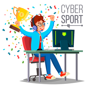 Cyber Sport Player Vector. Sitting At The Table. Cyber Sport Tournament. Competitive MMORPG. Final Match. Game Tactic. Flat Cartoon Illustration