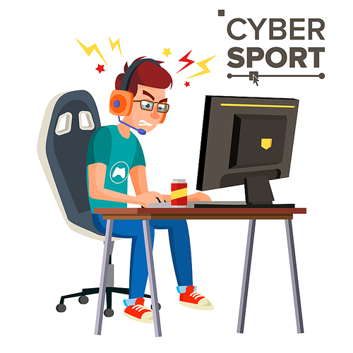 Cyber Sport Player Vector. Playing Computer Game. Professional Gamer. Event. Competition. Game Strategist. Isolated On White Cartoon Character Illustration